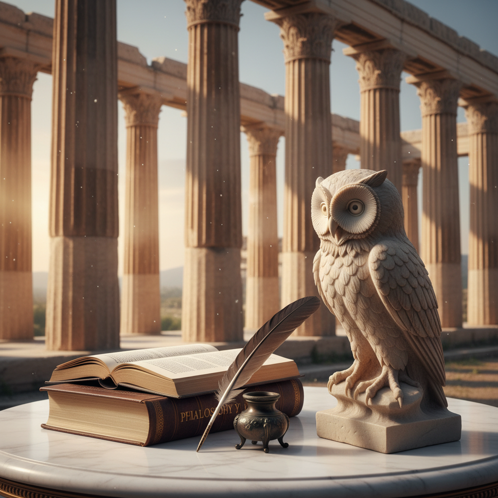 고대 그리스 신전의 기둥을 배경으로 대리석 테이블 위에 놓인 두꺼운 철학 책과 깃펜 그리고 지혜를 상징하는 올빼미 조각상이 조화를 이룬 클래식한 장면