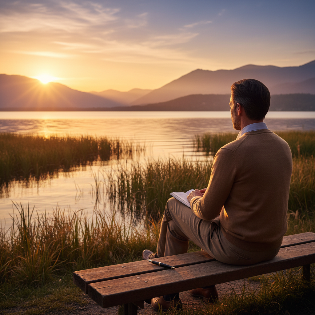 호숫가 벤치에 앉아 깊은 생각에 잠긴 채 책을 덮고 먼 산을 바라보는 독서가의 뒷모습과 노을이 지는 평화로운 자연 경관의 조화
