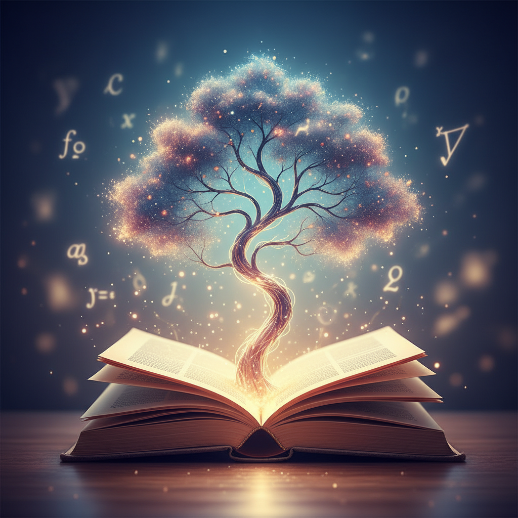 책의 페이지 사이에서 은은한 빛의 입자들이 피어오르며 지식의 확장을 상징하는 나무 모양으로 형상화된 초현실적이고 몽환적인 철학 독서 일러스트